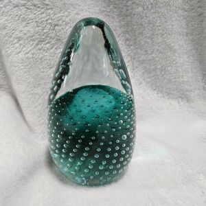Teardrop Shaped Green Clear Glass Bubble Paperweight Bullicante Art Glass 4.5"